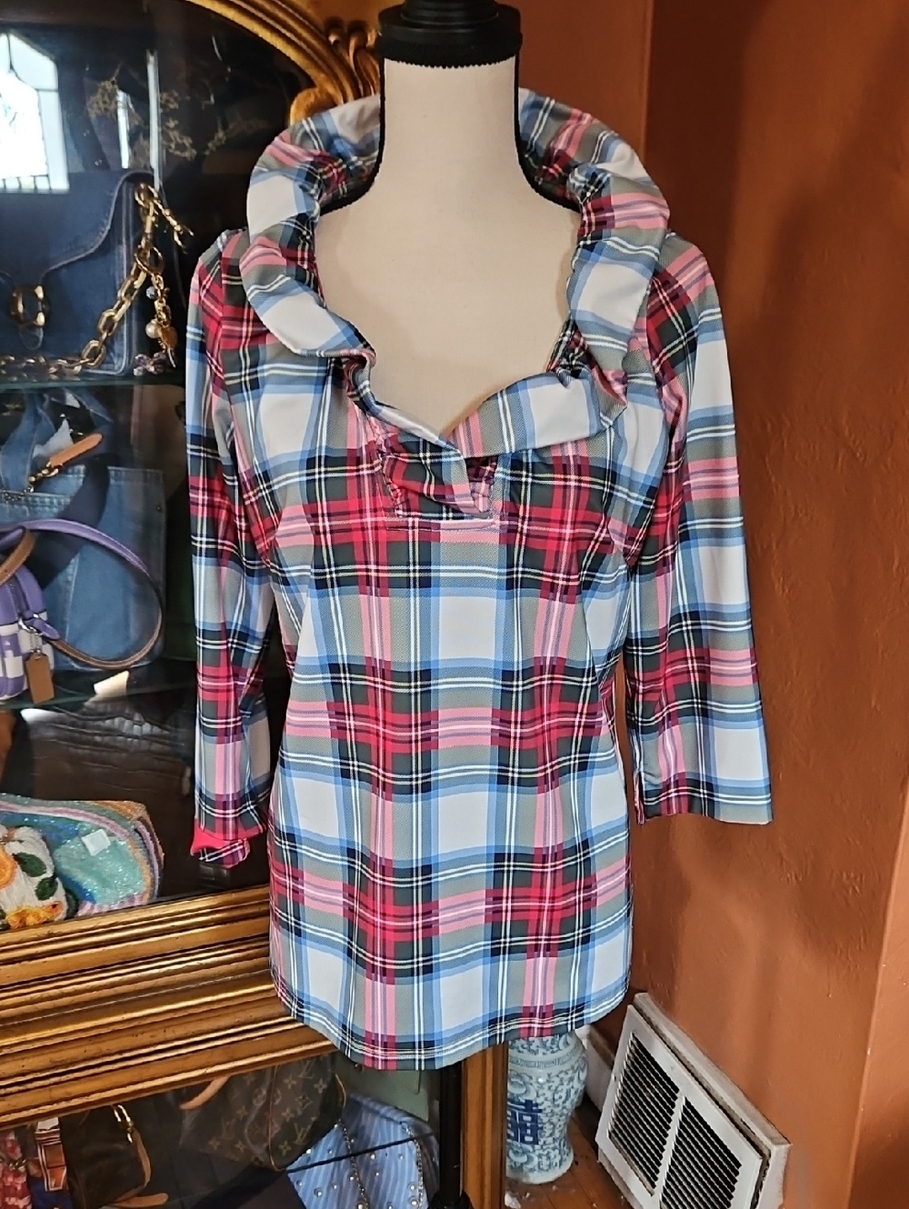 Gretchen Scott Designs Red and Light Blue Plaid Ruffle-Collar Top